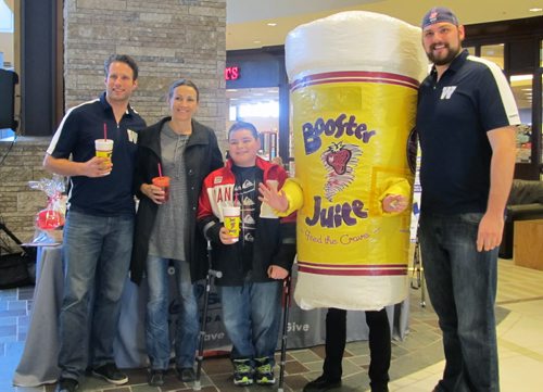 JOHN JOHNSTON / WINNIPEG FREE PRESS  Social Page for May 17th, 2014  SMD We All Have Ability Day Äì St. Vital Mall  (L Äì R) Mike Renaud (Winnipeg Blue Bombers), Susan Auch Äì Olympian, Spencer Lambert (SMD Foundation/Easter SealsÑ¢ Manitoba Ambassador), Booster Juice Mascot, Paul Swiston (Winnipeg Blue Bombers)  PHOTO CREDIT SMD FOUNDATION