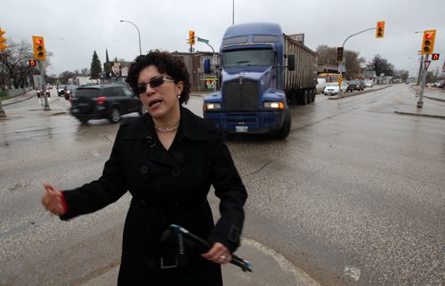 Jeannette Montufar- A traffic engineer at University of Manitoba points out problems at the intersection of Marion and Archibald - See  Mary Agnes Welch story- May 20, 2014   (JOE BRYKSA / WINNIPEG FREE PRESS)