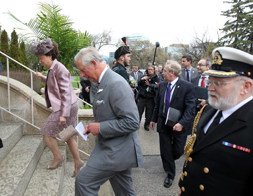 Prince Charles makes his way up the stairs as Their Royal Highnesses The Prince of Wales and The Duchess of Cornwall. arrive at Government house Tuesday evening greeted by Lt Gov Philip Lee. May 20, 2014 - (Phil Hossack / Winnipeg Free Press)