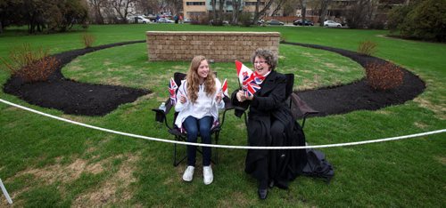 Early Birds, Margaret Van Benthem and her grand daughter Kayla Babiuk got their spots and arranged their flags early anticipating the arrival of Their Royal Highnesses The Prince of Wales and The Duchess of Cornwall  at Government house Tuesday evening greeted by Lt Gov Philip Lee. May 20, 2014 - (Phil Hossack / Winnipeg Free Press)