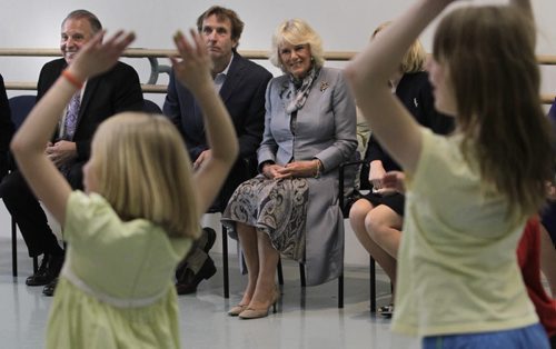 From Left, Ron Lemieux, MLA, Royal Winnipeg Ballet Artistic Director Andre Lewis and Camilla, Duchess of Cornwall watch an RWB outreach movement workshop with children from Art City during their tour of Canada's Royal Winnipeg Ballet bld. Wednesday. Wayne Glowacki / Winnipeg Free Press May 21 2014