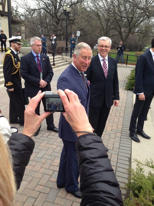 PHOTO 1: Prince Charles charms the crowd outside the Assiniboine Park Pavilion Wednesday at noon as Premier Greg Selinger looks on.   GORDON SINCLAIR JR./WINNIPEG FREE PRESS May 21,2014