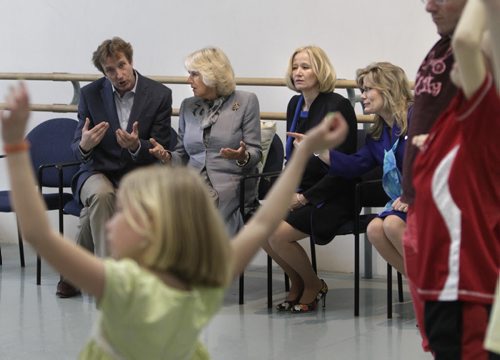 From Left, Royal Winnipeg Ballet Artistic Director Andre Lewis, Camilla, Duchess of Cornwall, Laureen Harper and Shelly Glover,MP watch an RWB outreach movement workshop with children from Art City during their tour of Canada's Royal Winnipeg Ballet bld. Wednesday. Wayne Glowacki / Winnipeg Free Press May 21 2014