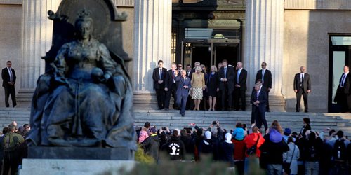 Prince Charles and Camilla leave the Legislature in Winnipeg Wednesday evening for a walkabout and military honors. May 21, 2014 - (Phil Hossack / Winnipeg Free Press)