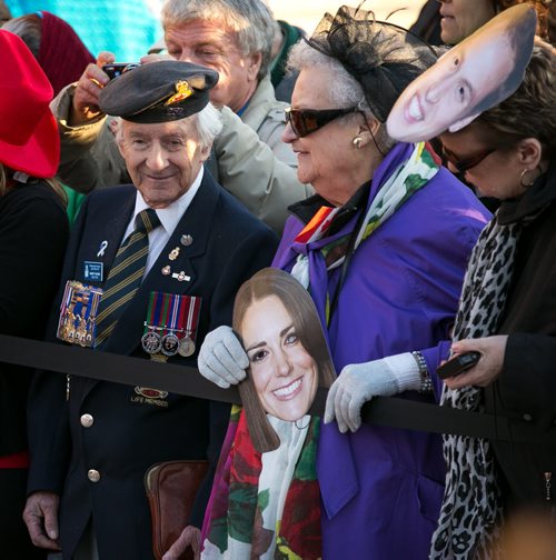 WW2 Navy vet Harry Tucker, 88, waited nearly two hours on his feet, beside 90-year-old Nellie Werth for the Prince of Wales to meet the crowd outside the Legislature Wednesday evening. More than 1000 people came out to see Prince Charles and Camilla, Duchess of Cornwall, as they made their final stop at the Legislature on a whirlwind 27-hour royal tour visit to Winnipeg. 140521 - Wednesday, May 21, 2014 - (Melissa Tait / Winnipeg Free Press)