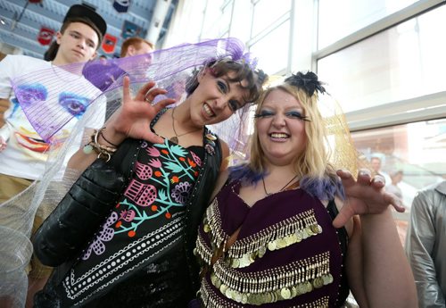 Sisters Courtney (left) and Hillary Duggan (both are Winnipeggers) wait for the doors to open at the MTS Centre for the Lady Gaga concert on Thurs., May 22, 2014. Photo by Jason Halstead/Winnipeg Free Press