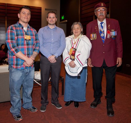 JOHN JOHNSTON / WINNIPEG FREE PRESS  Social Page for May 24th, 2014 Vision Quest ÄìRBC Convention Center  (L-R) Stefan Richard (Keynote Speaker), Dustin Remillard (Aboriginal Affairs Northern Development), Levenia Brown (Elder), Joe Meconse O.M.