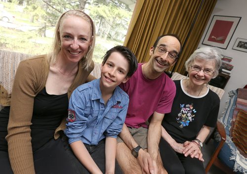 Jay Sinha (second right) photographed with his wife Chantal Plamondon (left), son Jyoti Plamondon-Sinha and his mom Luella Sinha on Sat., May 24, 2014. Jay and his family moved back to Winnipeg from Quebec a couple of years ago but are now returning to live in Quebec.  Photo by Jason Halstead/Winnipeg Free Press