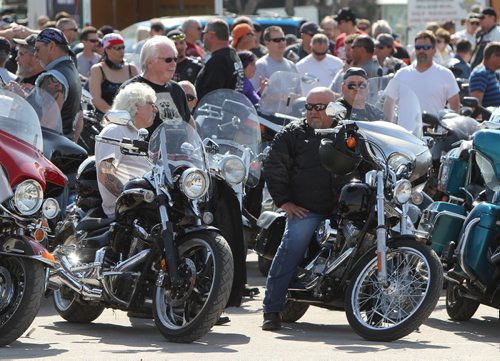 Motorcyclists prepare to leave Polo Park to take part in the annual Ride For Dad on Sat., May 24, 2014. Thousands took part in the ride from Winnipeg to Selkirk that also involved lunch and poker run while helping to raise money to fight prostate cancer. Photo by Jason Halstead/Winnipeg Free Press