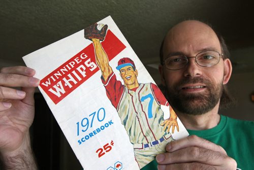 Brian Hrynick with memorabilia from the Whips who were a Montreal Expos farm-team that played in Winnipeg for two seasons in the early 70s;- see Dave Sanderson story- May 26, 2014   (JOE BRYKSA / WINNIPEG FREE PRESS)