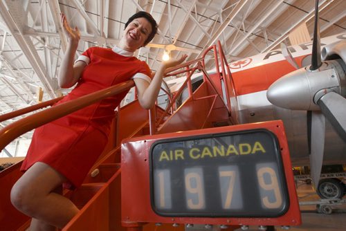 Shawna Dempsey dressed as a vintage stewardess in a performance art piece live aboard a vintage Vickers Viscount aircraft - May 29 and 30 at the Western Canadian Aviation Museum.-See Jen Zoratti story- May 27, 2014   (JOE BRYKSA / WINNIPEG FREE PRESS)
