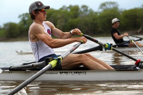 Winnipeg Rowing Club member Patrick Thiessen (front) and  Loch Inglis  train on the Red River with their National Row to Podium teammates in the hot sunshine late Tuesday afternoon. May 27, 2014 Ruth Bonneville / Winnipeg Free Press