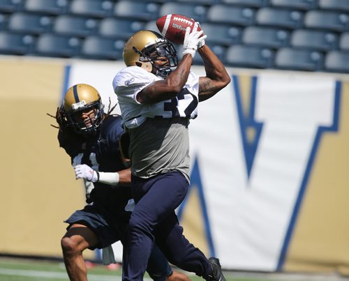 Winnipeg Blue Bombers RB Nic Grigsby makes a catch during football practice at Investors Group Field on Thurs., May 29, 2014. Photo by Jason Halstead/Winnipeg Free Press