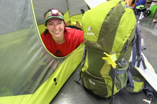 Liz Kovach, executive director of Manitoba Camping Association, posing with some camping related equipment to kick off the Sunshine fund. - See Kevin Rollason story- May 30, 2014   (JOE BRYKSA / WINNIPEG FREE PRESS)