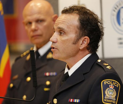 RCMP and Wpg Police Service announce  arrest in Project Devote , arrested is Traigo Ehkid  age 38 for the alledged  murder of Myrna Letandre .In photo RtoL ,WPS Superintendent  Danny Smyth  and RCMP Chief superintendent Scott Kolody make the announcement  June 2  2014 / KEN GIGLIOTTI / WINNIPEG FREE PRESS