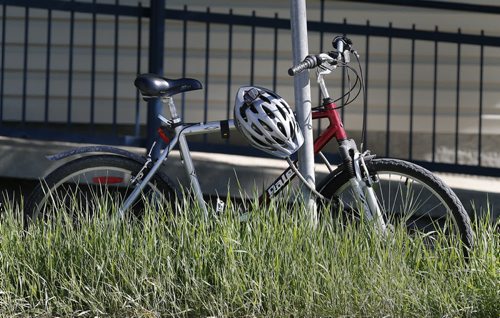 Stdup. Tall Grass Boulevard Blues  , a bicycle locked to a street  signpost on Corydon Ave   gives security and also cover . June 3 2014 / KEN GIGLIOTTI / WINNIPEG FREE PRESS
