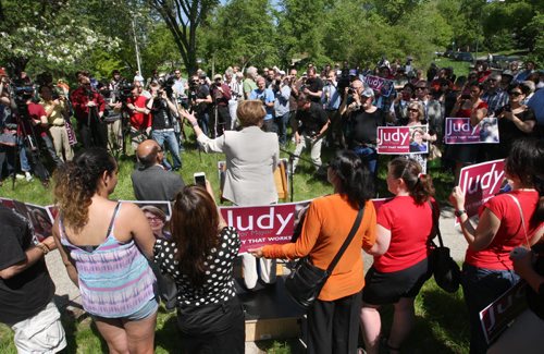 Mayoral candidate Judy Wasylycia-Leis arrives at her first kick off news conference Tuesday afternoon at the corner of Linwood St and Ness Ave in a park called Wightman Green-  See story- June 02, 2014   (JOE BRYKSA / WINNIPEG FREE PRESS)