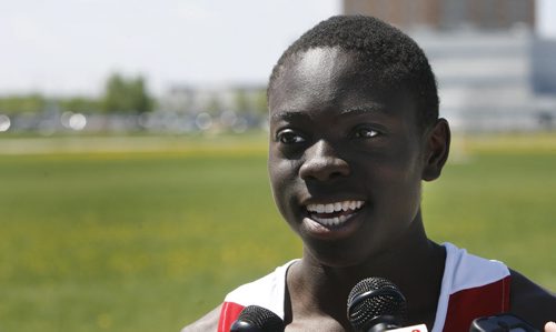 Kelvin Clipper Borzah Yankey interviewed at the MHSAA news conference to promote the upcoming 2014 Milk High School Provincial Track and Field Championships June 5,6, and 7 at the University Stadium at the U of M. Kyle Edwards story Wayne Glowacki / Winnipeg Free Press June 3 2014