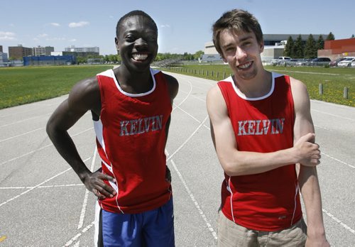 Kelvin Clippers Borzah Yankey (left) and Kirk Wright at the MHSAA news conference to promote the upcoming 2014 Milk High School Provincial Track and Field Championships June 5,6, and 7 at the University Stadium at the U of M. Kyle Edwards story Wayne Glowacki / Winnipeg Free Press June 3 2014