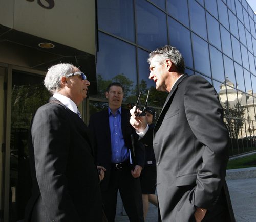 At right, PC Leader Brian Pallister and lawyer Robert Tapper arrive at the Law Courts Wednesday morning for  the PST court case. Bruce Owen story Wayne Glowacki / Winnipeg Free Press June 4 2014