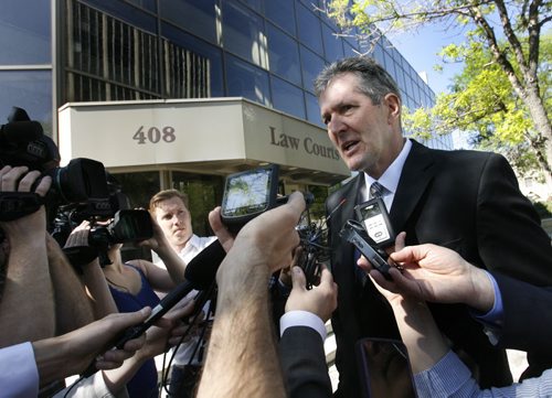 At right, PC Leader Brian Pallister speaks to reporters at the Law Courts Wednesday morning prior to the PST court case. Bruce Owen story Wayne Glowacki / Winnipeg Free Press June 4 2014