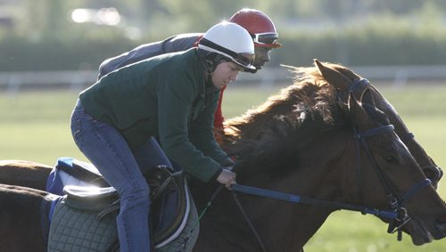 In foregound, Jennifer Reid on Mr. Magic Please and Omar Walker on Perfect Position at the track at the Assiniboia Downs Wednesday morning. Story by George Williams / Horse Racing freelancer Wayne Glowacki / Winnipeg Free Press June 4 2014