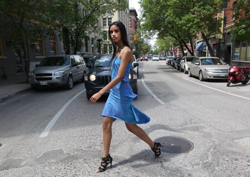Swish Model Michal wears clothing by Kelly Ruth and Jewlery by Tara Davis- Blue spike tube dress hand dyed organic cotton and gun metal chunky necklace and vintage brassSee Fashion page - June 04, 2014   (JOE BRYKSA / WINNIPEG FREE PRESS)