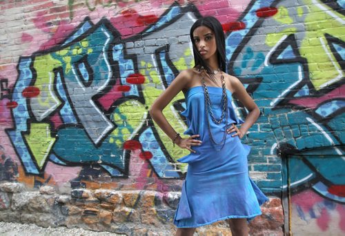 Swish Model Michal wears clothing by Kelly Ruth and Jewlery by Tara Davis- Blue spike tube dress hand dyed organic cotton and gun metal chunky necklace and vintage brassSee Fashion page - June 04, 2014   (JOE BRYKSA / WINNIPEG FREE PRESS)