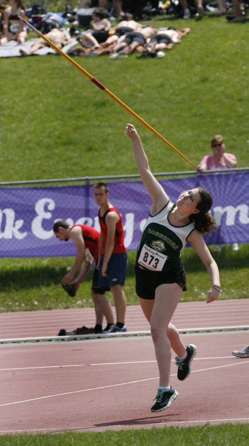 Kadie Sidoryk from Rossburn Collegiate competes in a qualifying round of the senior girls javelin event at the 2014 Milk Provincial High School Track & Field Championship at the U of M University Stadium Thursday. The championship runs until  June 7. Thursday. Wayne Glowacki / Winnipeg Free Press June 5 2014