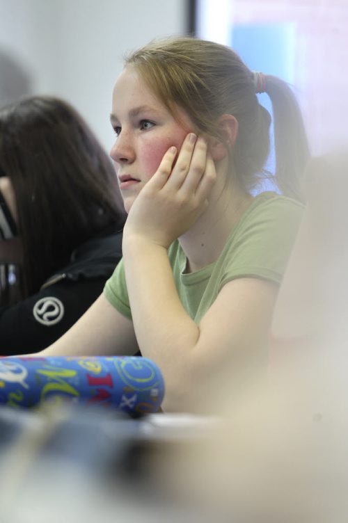 Sarah learns about politics in one of her high school classes.  Former Windsor School students face new challenges and take on new responsibilities in their first year in grade nine at Glen Lawn Collegiate. See Doug Speirs story. June 04, 2014 Ruth Bonneville / Winnipeg Free Press