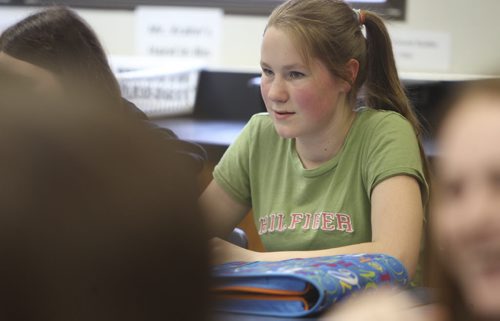 Sarah learns about politics in one of her high school classes.  Former Windsor School students face new challenges and take on new responsibilities in their first year in grade nine at Glen Lawn Collegiate. See Doug Speirs story. June 04, 2014 Ruth Bonneville / Winnipeg Free Press