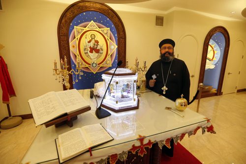 FAITH Story: Coptic pope to visit Winnipeg but no pope in pic.  St.Mark Coptic Orthodox Church, 1111 Chevrier Blvd. Subject: Father Marcos Farag, in photo along with interior of the curch . June 9 2014 / KEN GIGLIOTTI / WINNIPEG FREE PRESS