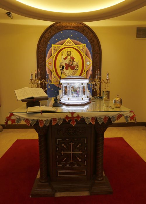 FAITH Story: Coptic pope to visit Winnipeg but no pope in pic.  St.Mark Coptic Orthodox Church, 1111 Chevrier Blvd. Subject: Father Marcos Farag, in photo along with interior of the church sanctuary in pic . June 9 2014 / KEN GIGLIOTTI / WINNIPEG FREE PRESS