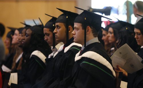 Some of the 110 students of the graduating class of Universite de Saint-Boniface in the Saint Boniface Cathedral Monday for the University of Manitoba Convocation. Kevin Rollason story. Wayne Glowacki/Winnipeg Free Press May 9 2014
