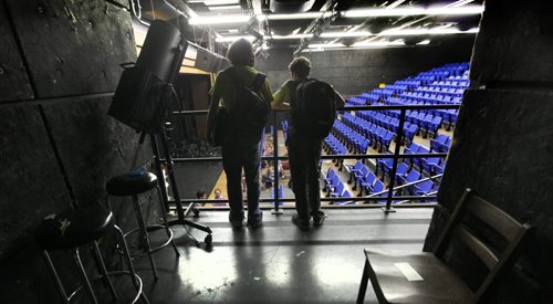 Noah and Thomas look down into the Theatre at their classmates after exploring backstage. Former Windsor School students face new challenges and take on new responsibilities in their first year in grade nine at Glen Lawn Collegiate. See Doug Speirs story.  June 04, 2014 Ruth Bonneville / Winnipeg Free Press