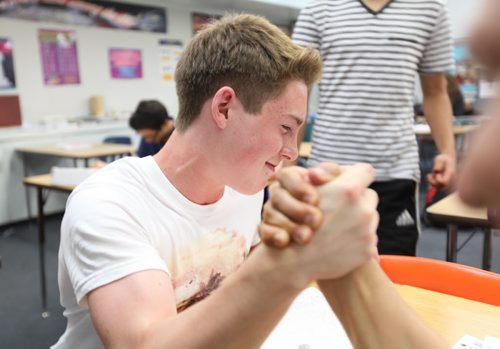 Jessie has built some bulk up in his upper body, scene here in Spanish class.   Former Windsor School students face new challenges and take on new responsibilities in their first year in grade nine at Glen Lawn Collegiate. See Doug Speirs story.  June 04, 2014 Ruth Bonneville / Winnipeg Free Press