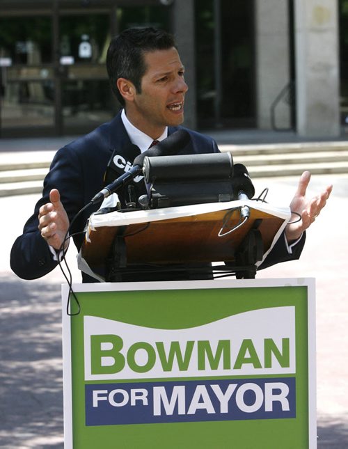 Mayoral candidate Brian Bowman makes his first policy announcement  on open government and better online access to records at event in the courtyard at city hall Tuesday. Aldo Santin story Wayne Glowacki / Winnipeg Free Press June 10 2014