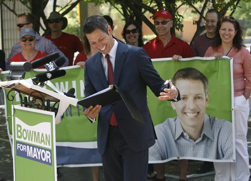 Mayoral candidate Brian Bowman makes his first policy announcement  on open government and better online access to records at an event  in the courtyard at city hall Tuesday. Aldo Santin story Wayne Glowacki / Winnipeg Free Press June 10 2014