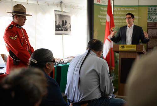 Treaty commissioner of Manitoba James Wilson speaks  to Elder Clarence Nepinak and First Nations people at the Urban Treaty Payments ceremony at the Forks National Historic Site. Sarah Taylor / Winnipeg Free Press