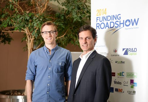 Fundica CEO Mike Lee and participant and Skip The Dishes president Joshua Simair pose at the Funding Roadshow on Thursday afternoon. Sarah Taylor / Winnipeg Free Press