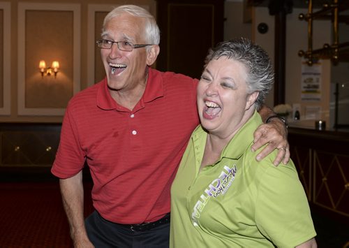 Dale Kendel and Shirley Lumb laugh together at the Manitoba Marathon Luncheon on Friday. Kendel was one of the co-founders of the marathon and this year is Lumb's 30th year organizing the marathon events. Sarah Taylor / Winnipeg Free Press
