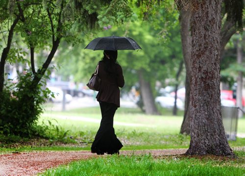 A lady walks in the rain holding her umbrella through La Verendrye Park  Saturday. Standup photo.  June 14, 2014 Ruth Bonneville / Winnipeg Free Press