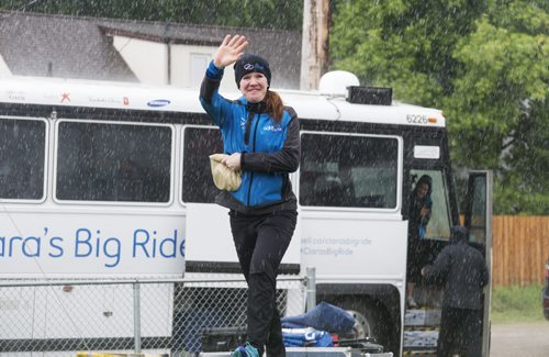 Six time olympic medalist Clara Hughes arrives at Clara Hughes Recreational Park as she visits her hometown and the park in her honour during her cross-country cycling tour. Sarah Taylor / Winnipeg Free Press