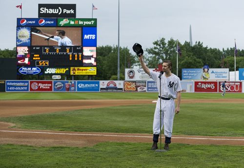 Saturday's Goldeyes game started off with a reenactment of Lou Gehrig's farewell speech. Sarah Taylor / Winnipeg Free Press