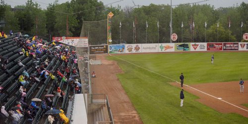 Saturday's Goldeyes game against the St. Paul Saints delayed from the heavy rain. Sarah Taylor / Winnipeg Free Press