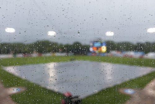 Saturday's Goldeyes game against the St. Paul Saints delayed from the heavy rain. Sarah Taylor / Winnipeg Free Press