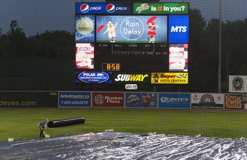 After two hours and six minutes of a rain delay the Goldeyes game was finally suspended just before 9:00pm. Staff rushed out to cover the field again. Sarah Taylor / Winnipeg Free Press