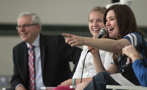 From right, Clara Hughes beside Tessa Blaikie, Youth Mental Health Promotional Worker at Canadian Mental Health Association Winnipeg Region and Premier Greg Selinger at Clara's  stop at Elmwood High School Monday morning to speak to students as part of Clara's Big Ride for Bell Let's Talk for mental health. Adam Wazny story Wayne Glowacki/Winnipeg Free Press June 16 2014