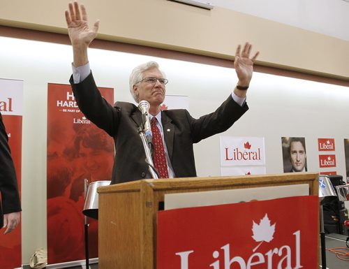 June 16, 2014 - 140616  -  Jim Carr gestures after winning the Winnipeg South Centre Liberal nomination at Centro Caboto Monday, June 16, 2014. John Woods / Winnipeg Free Press