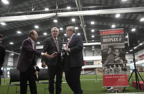From right,  Lloyd Axworthy, president and Vice-Chancellor of UWinnipeg with Premier Greg Selinger and  Mayor Sam Katz in the  University of Winnipegs  $40 million dollar  new UNITED Health & RecPlex at 350 Spence St. that will provide recreational and health opportunities along with enhanced student sports programs.  Nick Martin story. Wayne Glowacki/Winnipeg Free Press June 17 2014
